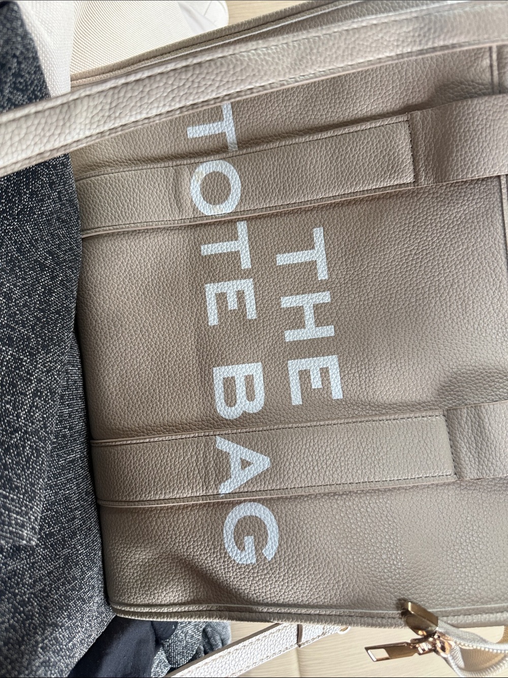 Taupe Leather Tote Satchel with White Lettering